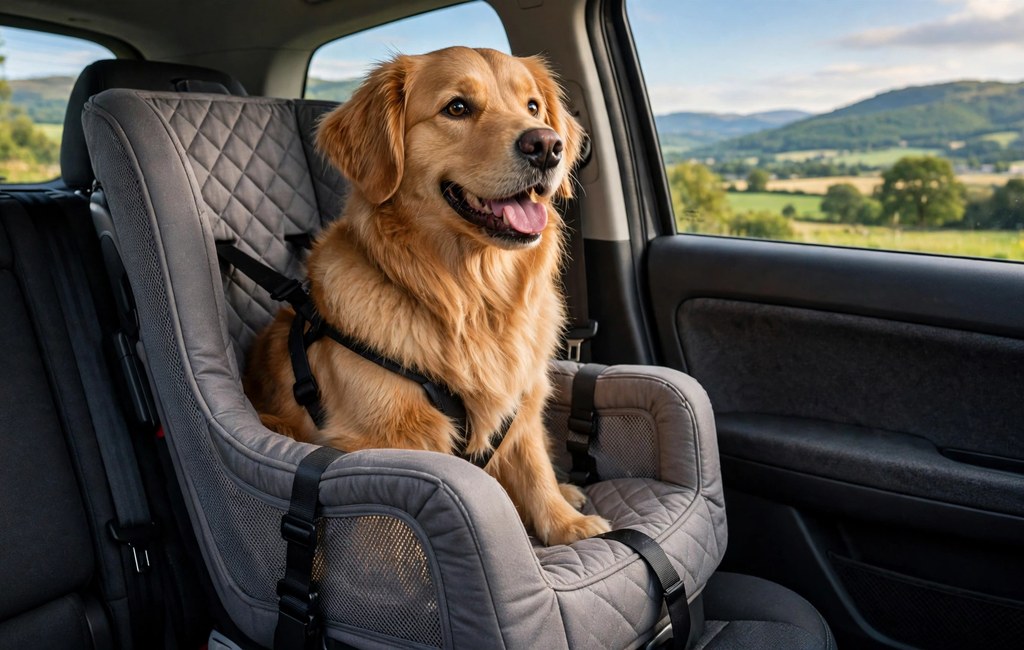 Happy dog sitting securely in a raised car seat in the back seat of a car