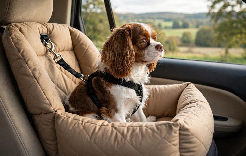 Dog harness tether clipped securely inside a car booster seat
