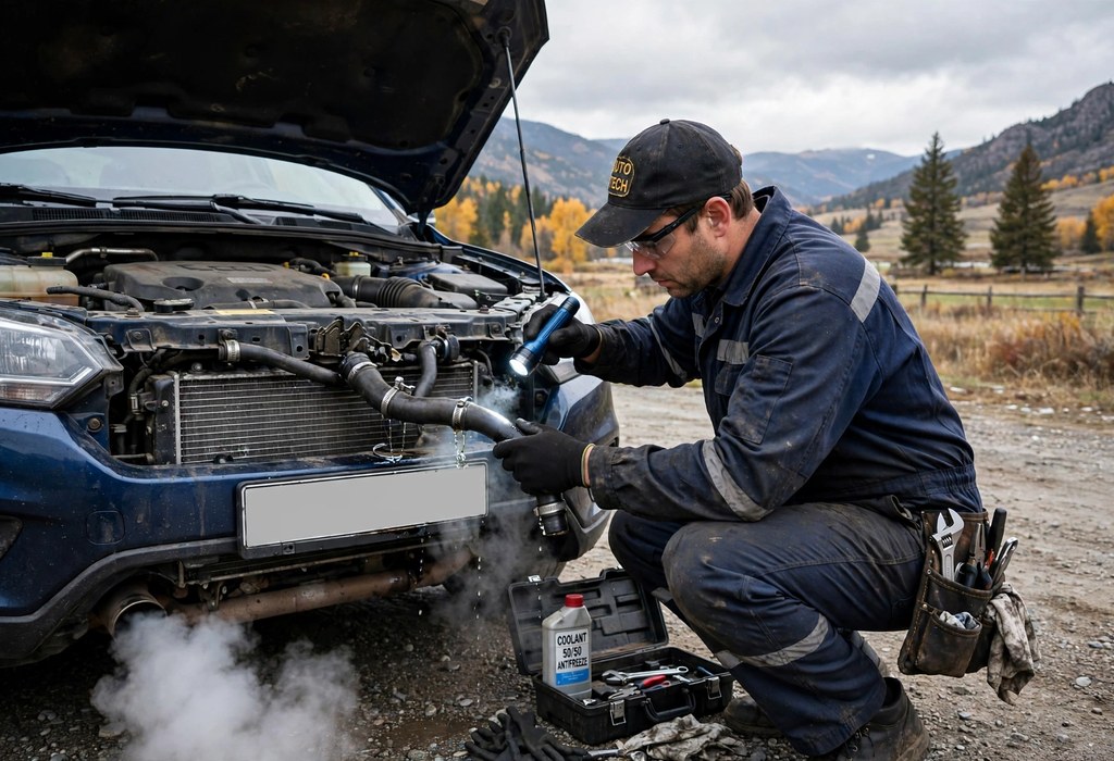 Mechanic inspecting radiator hoses for leaks that cause white exhaust smoke