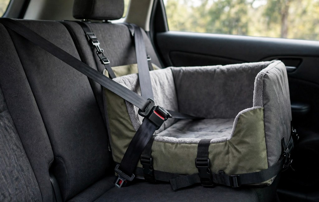 Dog car seat installed on a rear vehicle seat with seat belt straps secured