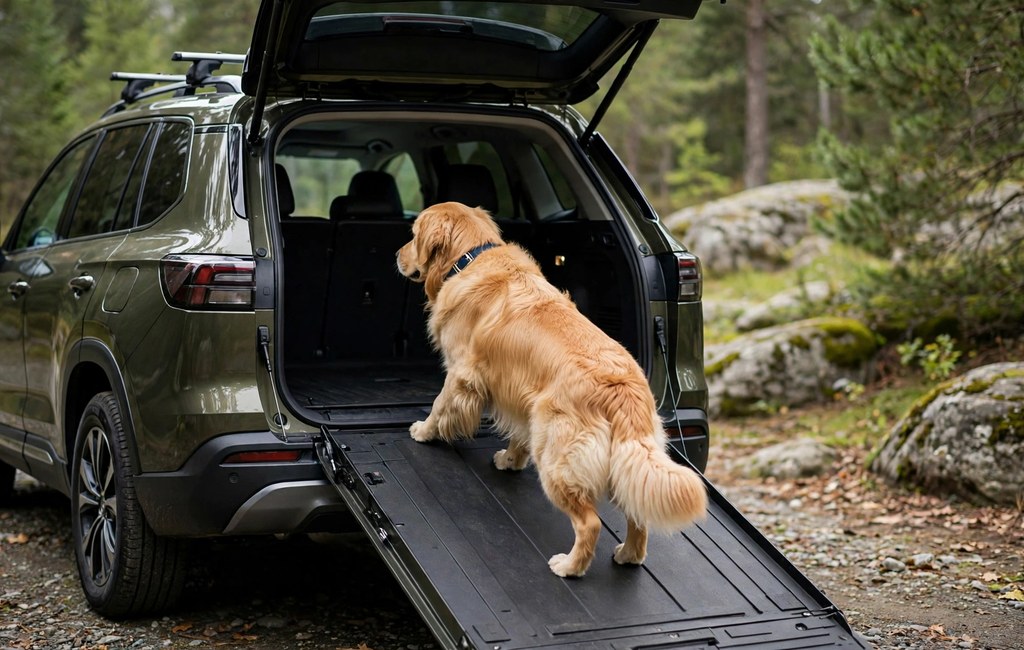 Large dog using a ramp to enter an SUV cargo area safely