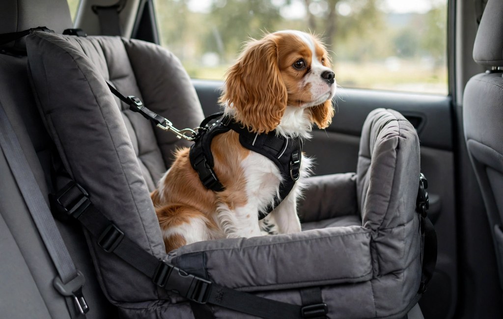 Small dog sitting in a raised booster seat and looking out a car window