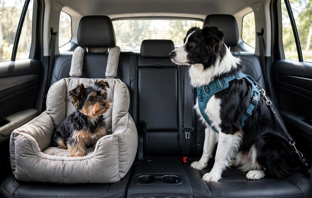 Small dog sitting in a raised padded car seat beside a seat belt tether