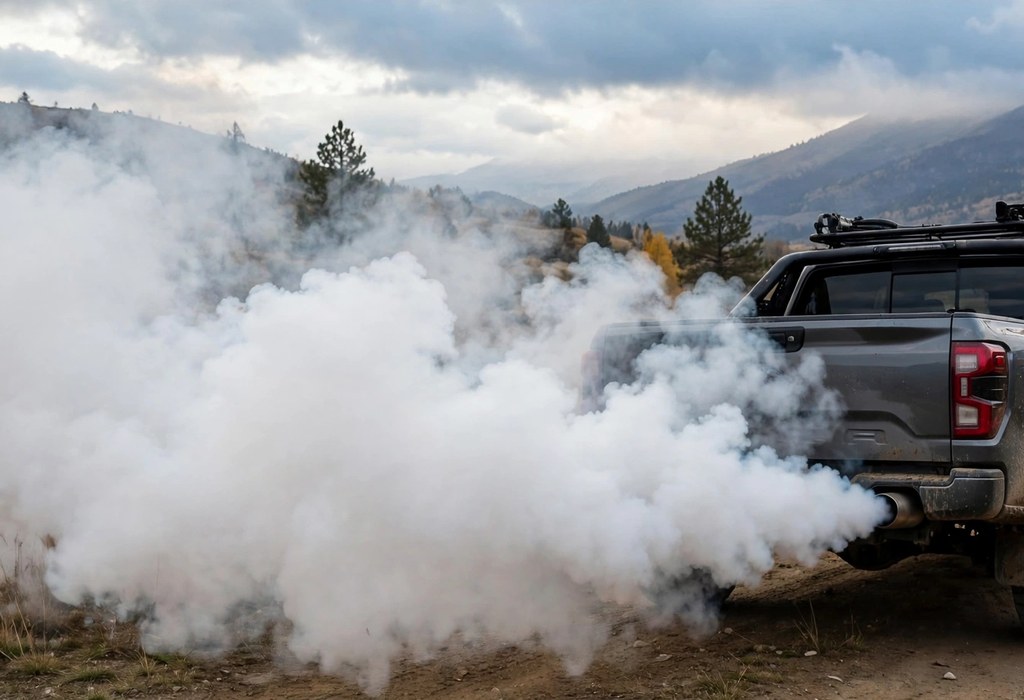 Thick white smoke billowing from a vehicle exhaust pipe