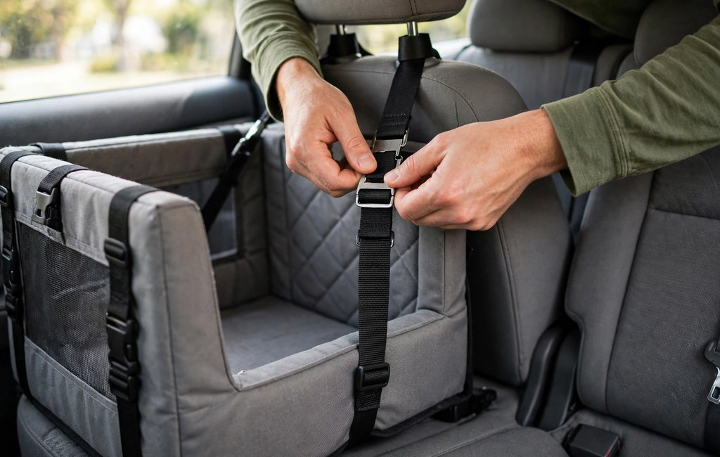 Hands tightening a headrest strap on an installed dog car seat for stability