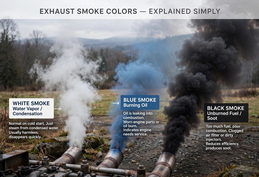 Close view of white, blue, and black exhaust smoke colors explained simply