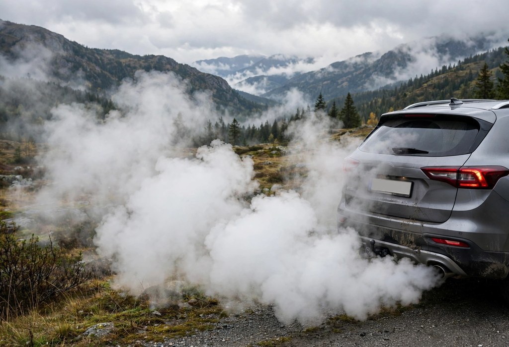 Thick white coolant smoke coming from a car exhaust pipe