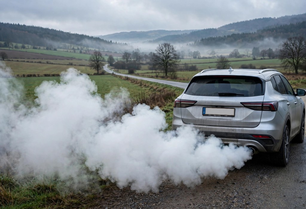 Thick white smoke billowing from a car exhaust after warm-up, a normal or warning sign