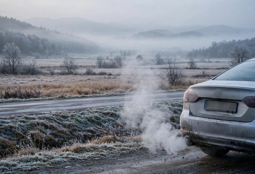 White vapor rising from a car tailpipe on a cold morning