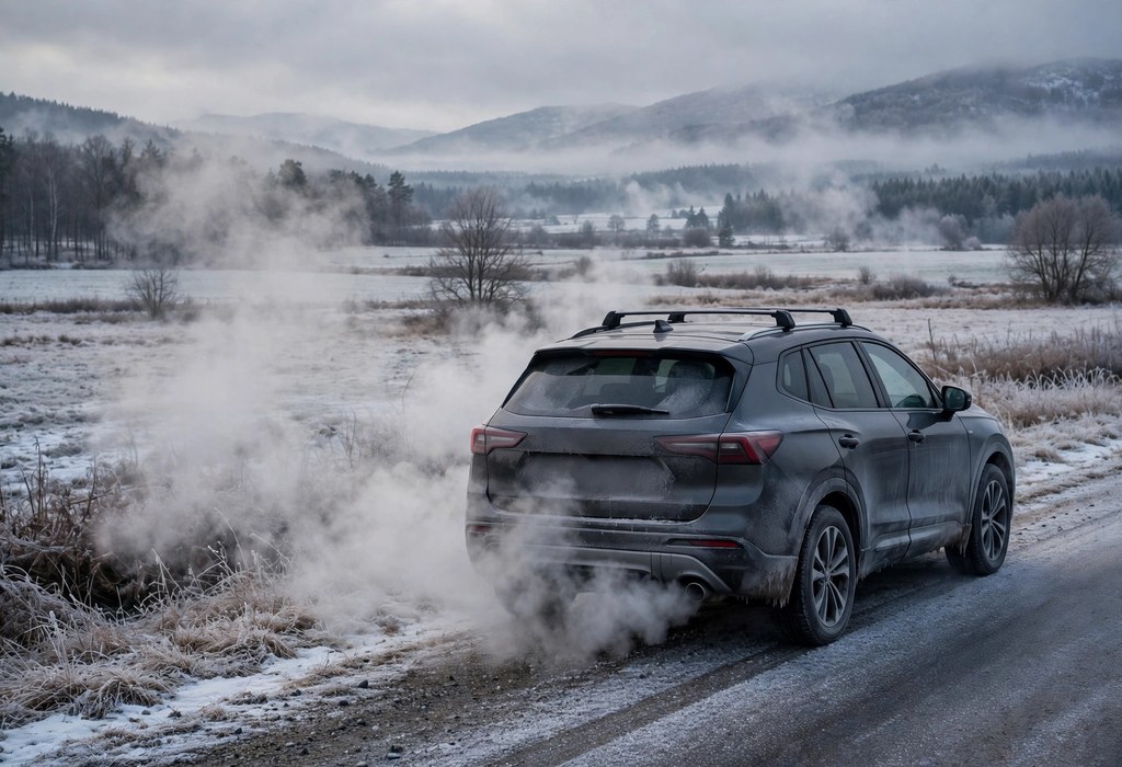 Cold weather white smoke drifting behind a car during a winter cold start